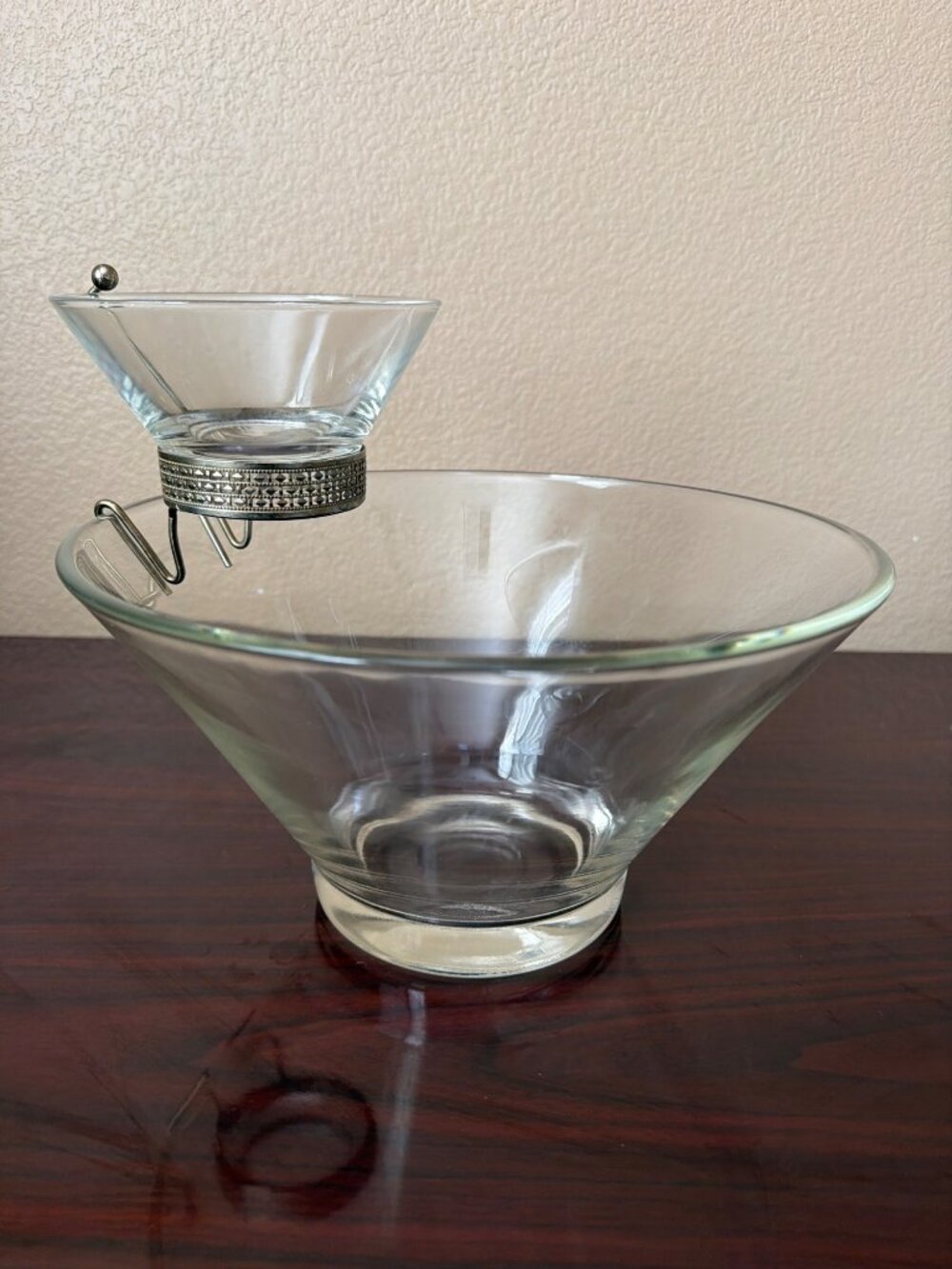 Vintage MCM Anchor Hocking Style 3-Pc Glass Chip & Dip Set with Metal Bracket